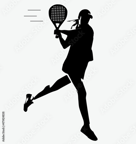 Female Tennis padel Player Icon Illustration. Paddle Sport Vector Graphic Symbol Clip Art. Sketch Black Sign young women is padel tennis player jump to the ball good looking for posts and poster video