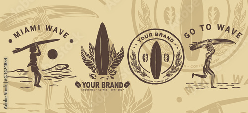 Combination of surfboard illustration in retro style