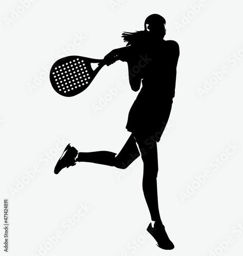 Female Tennis padel Player Icon Illustration. Paddle Sport Vector Graphic Symbol Clip Art. Sketch Black Sign young women is padel tennis player jump to the ball good looking for posts and poster video