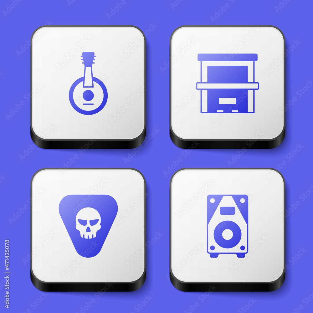Set Banjo, Piano, Guitar pick and Stereo speaker icon. White square button. Vector Set Banjo, Piano, Guitar pick and Stereo speaker icon. White square button. Vector