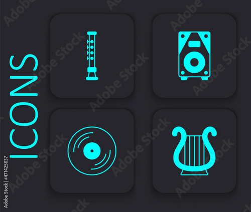 Set Ancient Greek lyre, Flute, Stereo speaker and Vinyl disk icon. Black square button. Vector