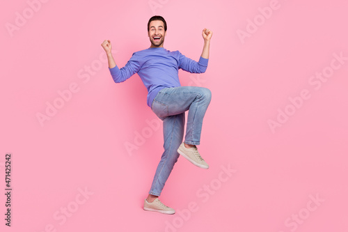 Full size photo of brunet cool guy yell wear pullover jeans shoes isolated on pink color background
