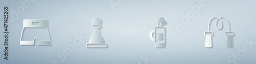 Set Boxing short, Chess, Golf bag with clubs and Jump rope. Paper art style. Vector