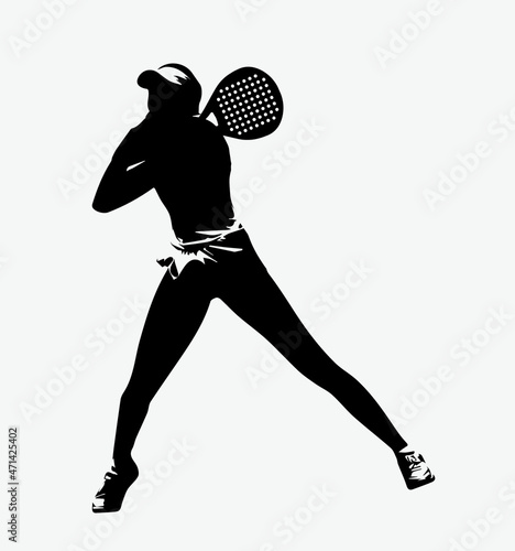 Female Tennis padel Player Icon Illustration. Paddle Sport Vector Graphic Symbol Clip Art. Sketch Black Sign young women is padel tennis player jump to the ball good looking for posts and poster video