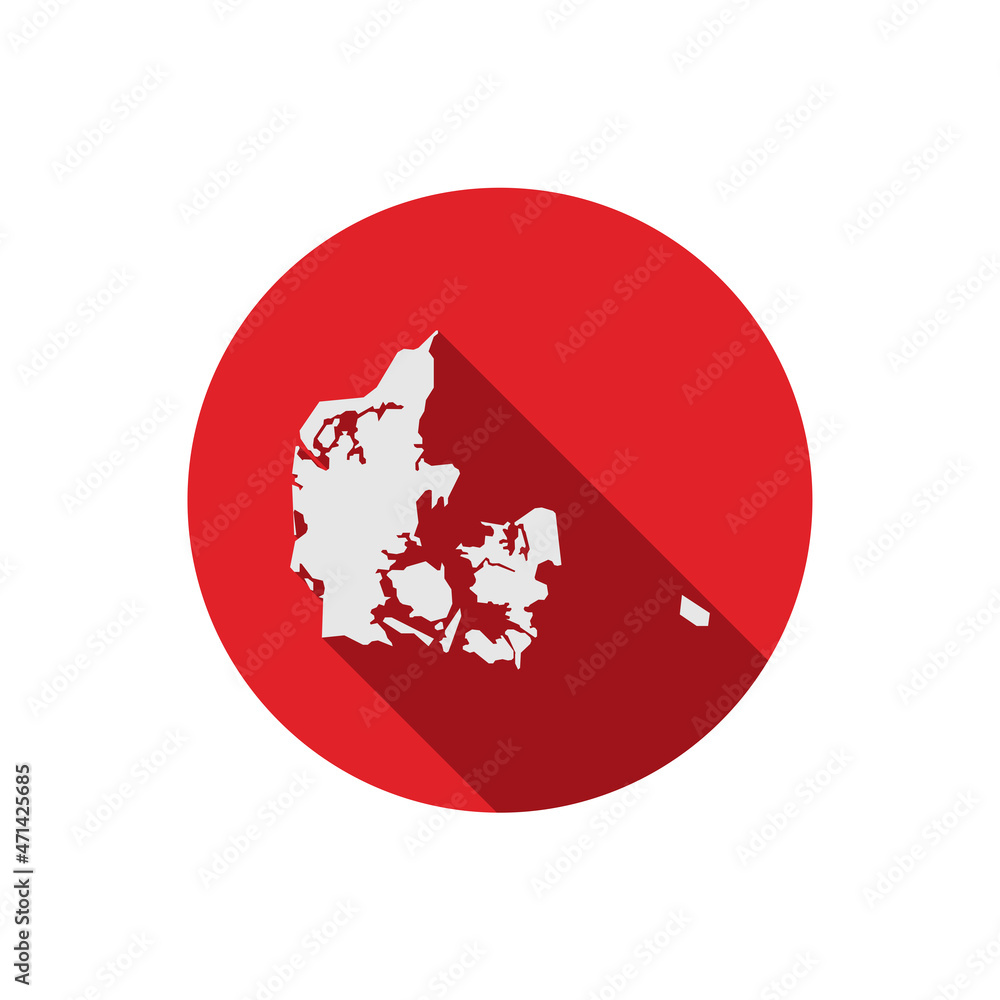 Obraz premium Map of Denmark. Silhouette isolated on Red circle with long shadow