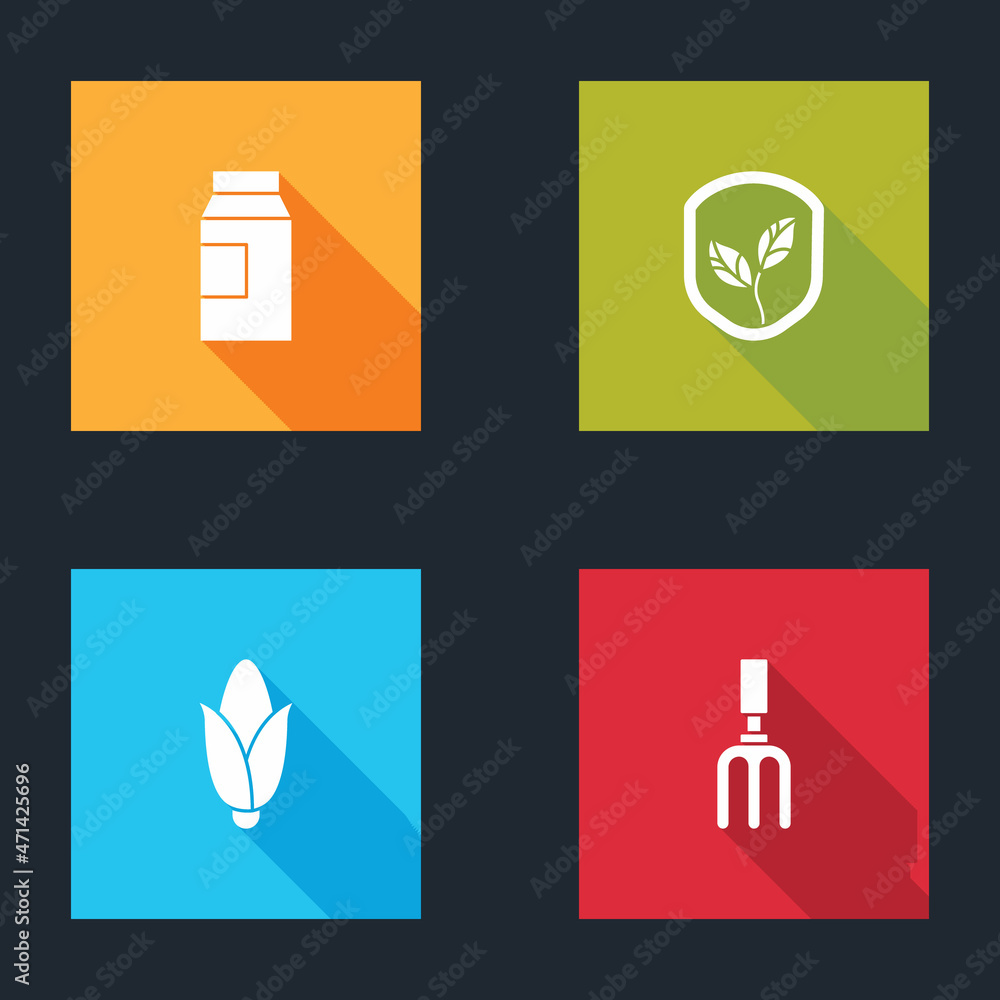 Set Paper package for milk, Shield with leaf, Corn and Garden rake icon. Vector Set Paper package for milk, Shield with leaf, Corn and Garden rake icon. Vector