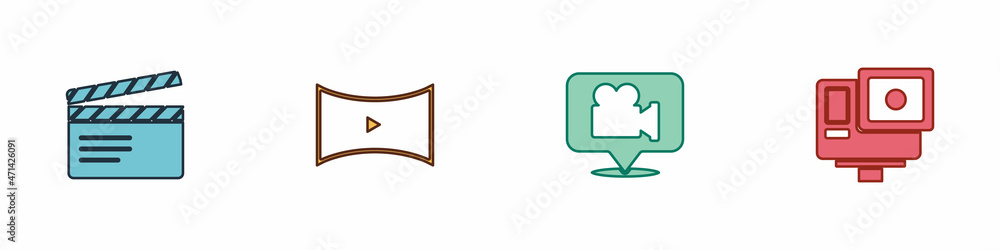 Set Movie clapper, Online play video, Camera and location and Action extreme camera icon. Vector Set Movie clapper, Online play video, Camera and location and Action extreme camera icon. Vector