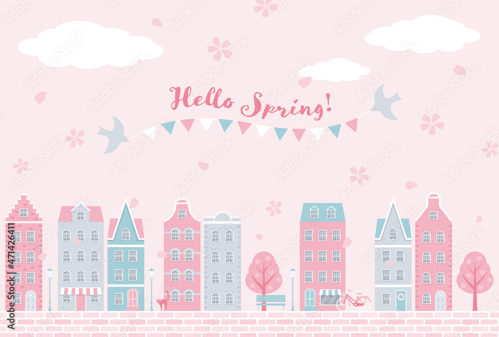 vector background with city landscape with houses and flowers for banners, cards, flyers, social media wallpapers, etc.