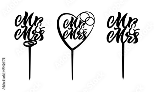 Set of three cake toppers Mr and Mrs with heart, rings. Vector laser cut files