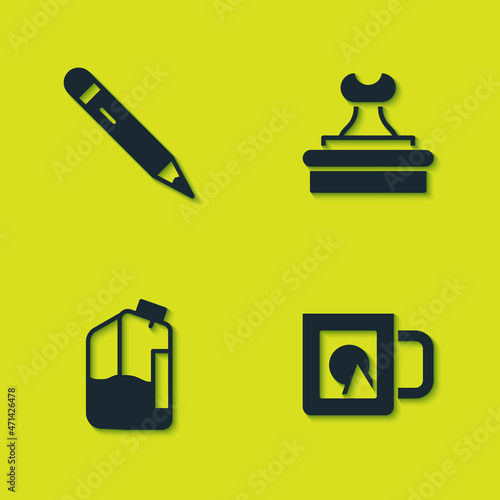 Set Pencil with eraser, Coffee cup, Printer ink bottle and Stamp icon. Vector