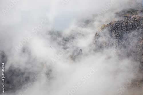 Mysterious mountains in Madeira, shrouded in fog. Pico do Arieiro and other peaks. 