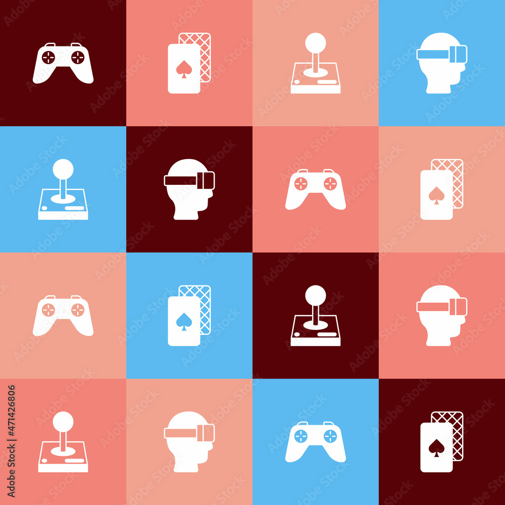 Set pop art Game controller or joystick, Playing cards, Joystick for arcade machine and Virtual reality glasses icon. Vector Set pop art Game controller or joystick, Playing cards, Joystick for arcade machine and Virtual reality glasses icon. Vector