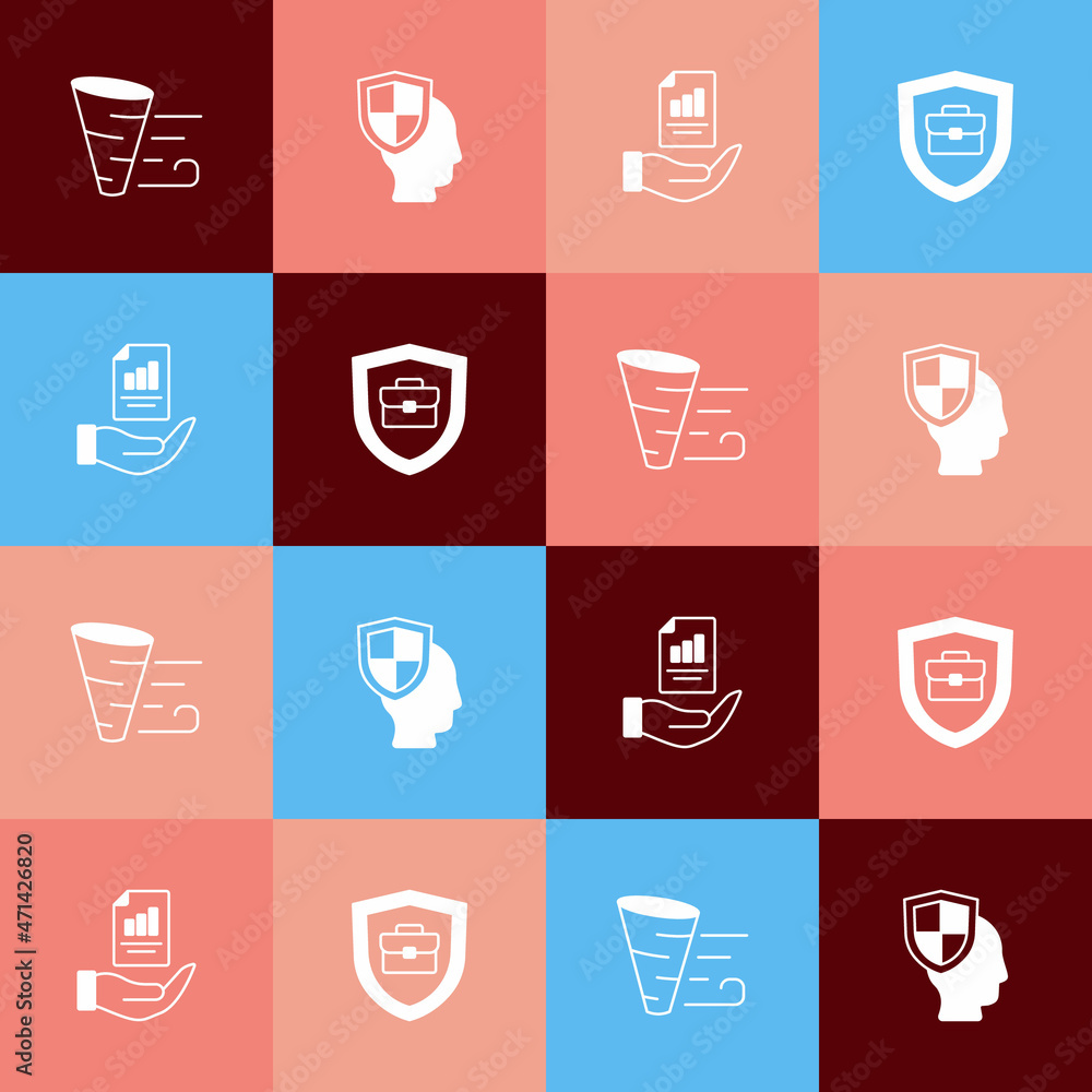 Set pop art Tornado, Life insurance with shield, Contract hand and Briefcase icon. Vector Set pop art Tornado, Life insurance with shield, Contract hand and Briefcase icon. Vector