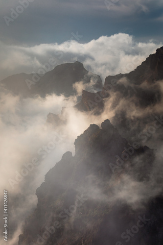 Mysterious mountains in Madeira, shrouded in fog. Pico do Arieiro and other peaks. © PawelUchorczak