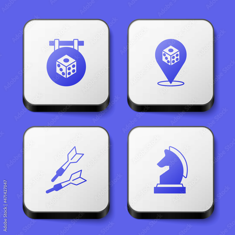 Set Game dice, Dart arrow and Chess icon. White square button. Vector Set Game dice, Dart arrow and Chess icon. White square button. Vector