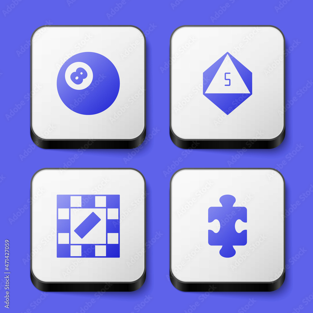 Set Billiard pool snooker ball, Game dice, Board game and Puzzle pieces toy icon. White square button. Vector Set Billiard pool snooker ball, Game dice, Board game and Puzzle pieces toy icon. White square button. Vector