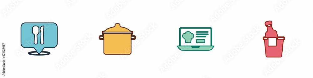 Set Cafe and restaurant location, Cooking pot, Online ordering delivery and Champagne ice bucket icon. Vector Set Cafe and restaurant location, Cooking pot, Online ordering delivery and Champagne ice bucket icon. Vector