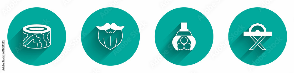 Set Wooden logs, Mustache and beard, Grapple crane grabbed and Electric circular saw icon with long shadow. Vector Set Wooden logs, Mustache and beard, Grapple crane grabbed and Electric circular saw icon with long shadow. Vector