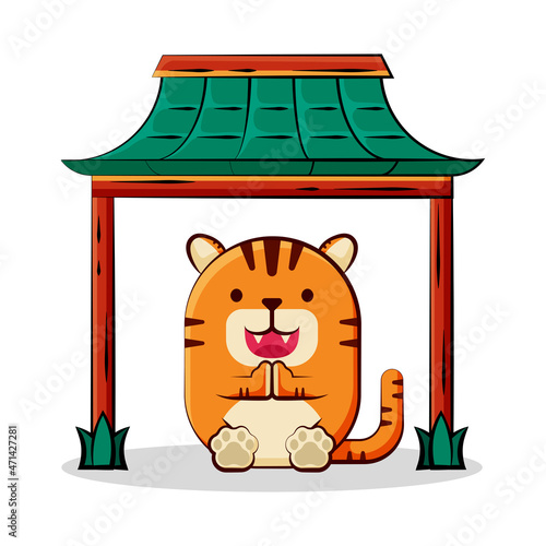 Happy chinese new year 2022. Cute tiger cartoon design templete. Year of the tiger. Chinese gate. Greetings of the New Year.