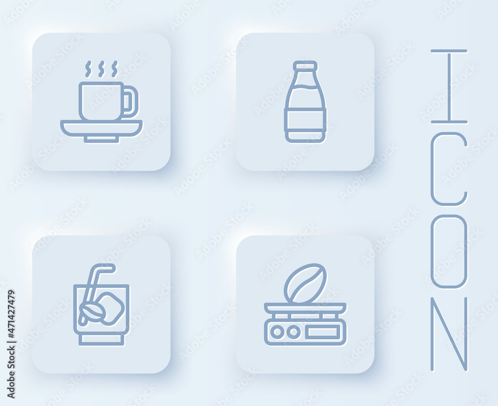 Set line Coffee cup, Milk bottle, Espresso tonic coffee and Electronic scales. White square button. Vector Set line Coffee cup, Milk bottle, Espresso tonic coffee and Electronic scales. White square button. Vector