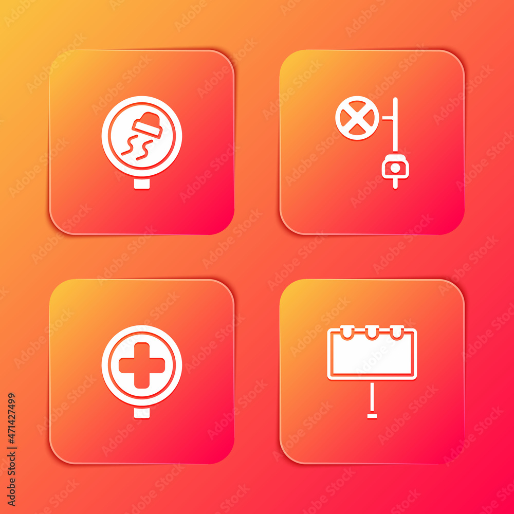 Set Slippery road traffic, Stop sign with camera, Hospital and Billboard lights icon. Vector Set Slippery road traffic, Stop sign with camera, Hospital and Billboard lights icon. Vector