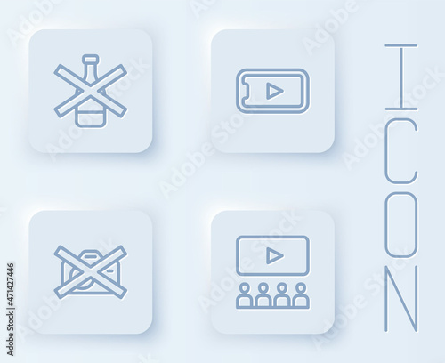 Set line No alcohol, Online play video, Prohibition no recording and Cinema auditorium with screen. White square button. Vector