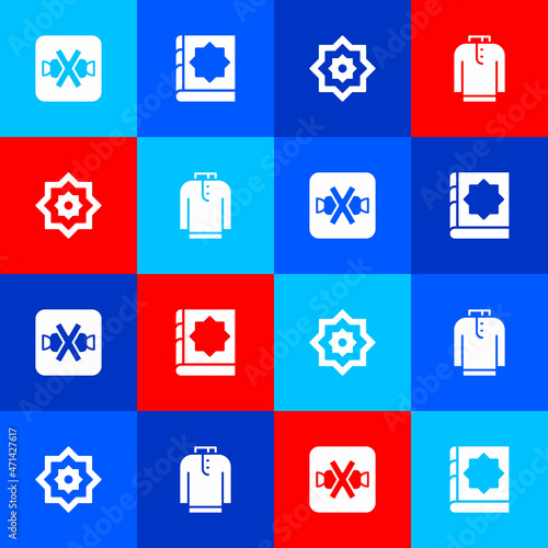 Set No sweets, Holy book of Koran, Octagonal star and Shirt kurta icon. Vector