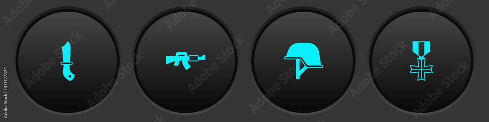 Set Military knife, M16A1 rifle, helmet and reward medal icon. Vector Set Military knife, M16A1 rifle, helmet and reward medal icon. Vector