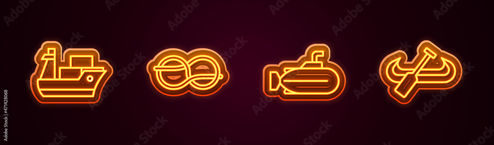 Set line Cargo ship, Nautical rope knots, Submarine and Kayak and paddle. Glowing neon icon. Vector