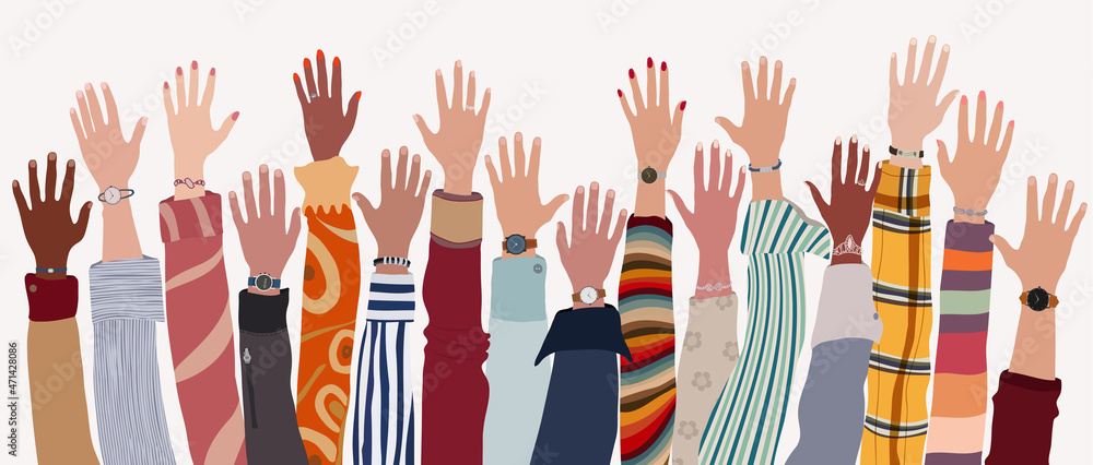 Group of raised arms and hands of multicultural people. Community or society of men and women of diverse cultures and races.Collaboration teamwork agreement between colleagues or friends - obrazy, fototapety, plakaty 