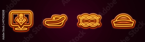 Set line Anchor, Inflatable boat with motor, Nautical rope knots and Sailor hat. Glowing neon icon. Vector