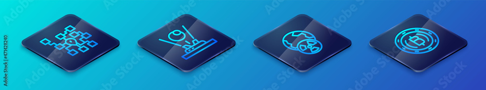 Set Isometric line Planet earth and radiation, Neural network, Cryptocurrency coin Bitcoin and Hologram icon. Vector Set Isometric line Planet earth and radiation, Neural network, Cryptocurrency coin Bitcoin and Hologram icon. Vector