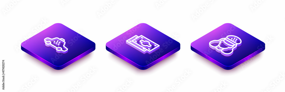 Set Isometric line Taxi car, Stacks paper money cash and driver icon. Vector Set Isometric line Taxi car, Stacks paper money cash and driver icon. Vector