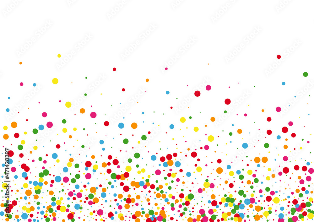 Red Round Polka Illustration. Circle Decoration Texture. Yellow Gift Confetti. Multicolored Random Dot Background.