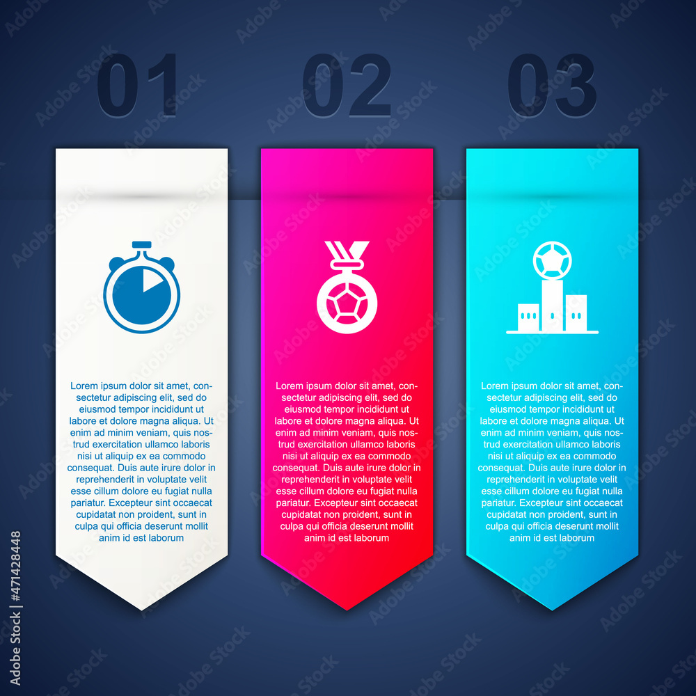 Set Stopwatch, Football or soccer medal and Award over sports winner podium. Business infographic template. Vector Set Stopwatch, Football or soccer medal and Award over sports winner podium. Business infographic template. Vector