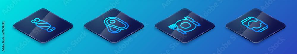 Set Isometric line Plate, fork and knife, Candy, Soda can and Steak meat icon. Vector Set Isometric line Plate, fork and knife, Candy, Soda can and Steak meat icon. Vector