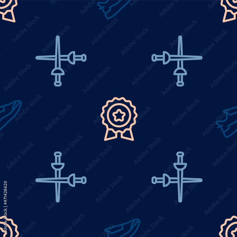 Set line Fitness sneakers shoes, Fencing and Medal with star on seamless pattern. Vector Set line Fitness sneakers shoes, Fencing and Medal with star on seamless pattern. Vector