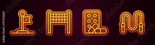 Set line Flag, Volleyball net, Sports doping with dumbbell and Jump rope. Glowing neon icon. Vector