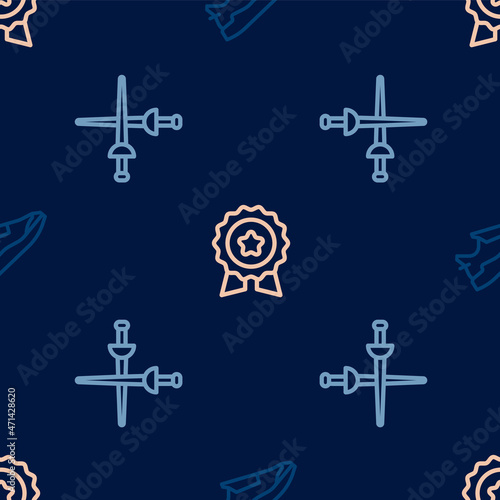 Set line Fitness sneakers shoes, Fencing and Medal with star on seamless pattern. Vector