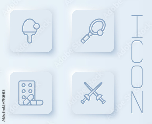 Set line Racket, Tennis racket with ball, Sports doping dumbbell and Fencing. White square button. Vector