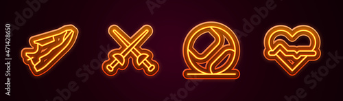 Set line Fitness sneakers shoes, Fencing, Baseball ball and Heart rate. Glowing neon icon. Vector