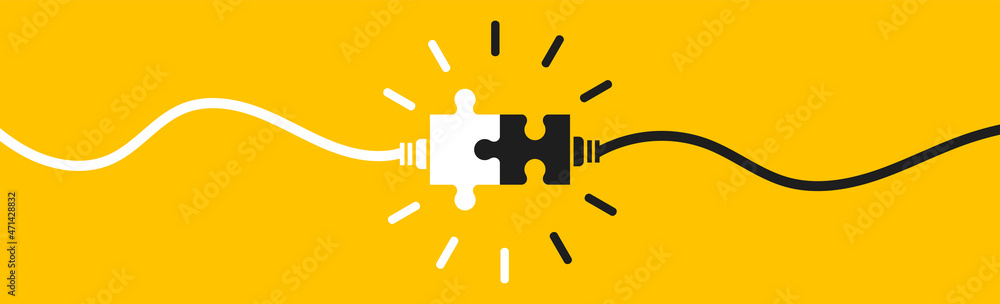 Connecting puzzle pieces on yellow background. Idea, solution, business, strategy concept. Vector illustration isolated. - obrazy, fototapety, plakaty 