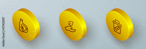 Set Isometric line Recycling plastic bottle, Leaf hand and Trash can icon. Vector