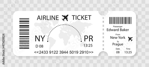 Airline ticket. Coupon for flight fly travel. Paper plane design. Realistic invitation card. Travel Layout template. Vector illustration isolated. 