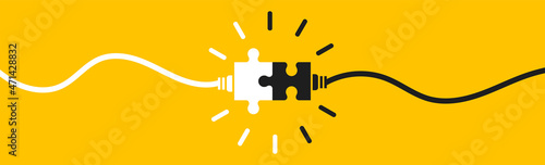 Connecting puzzle pieces on yellow background. Idea, solution, business, strategy concept. Vector illustration isolated.
