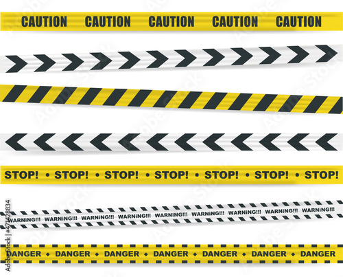 Realistic warning tape. Set crime yellow road stripes on white background. Vector isolated illustration. © Bohdan