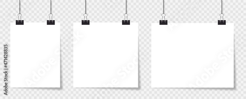 Poster mockup blank template. Empty white paper sheet banner. Exhibition gallery frame on transparent wall. Vector illustration.