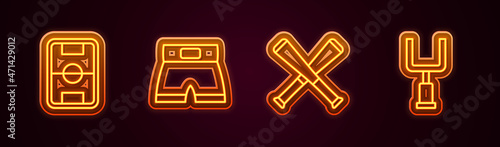 Set line Football field, Boxing short, Crossed baseball bat and American football goal post. Glowing neon icon. Vector