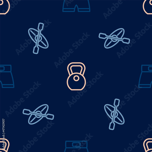 Set line Boxing short, Kayak and paddle and Weight on seamless pattern. Vector