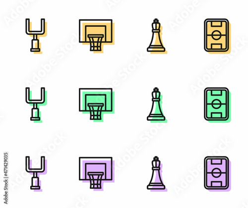 Set line Chess, American football goal post, Basketball backboard and Football field icon. Vector
